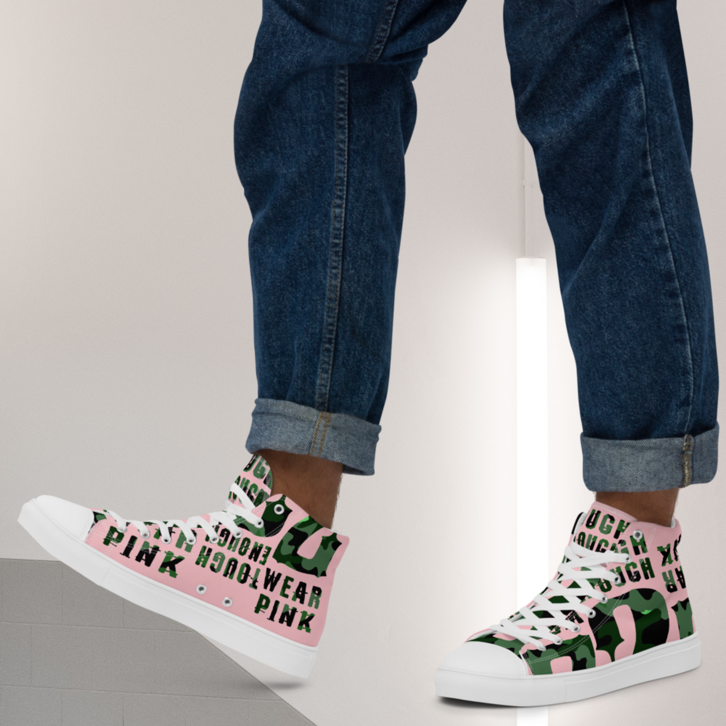 Men’s high top canvas pink shoes green logo